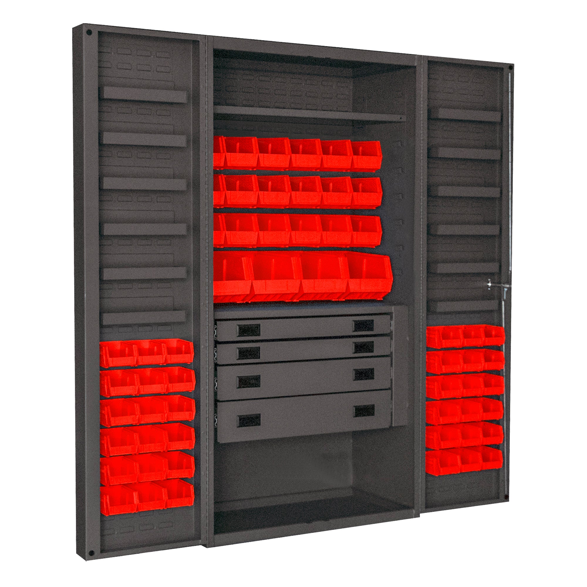 Durham MFG CABINET, 14 GAUGE, 4 DRAWER, 2 SHELVES, 12 DOOR TRAYS, 58 RED BINS, 36 X 24 X 72 DCBDLP584RDR-1795
